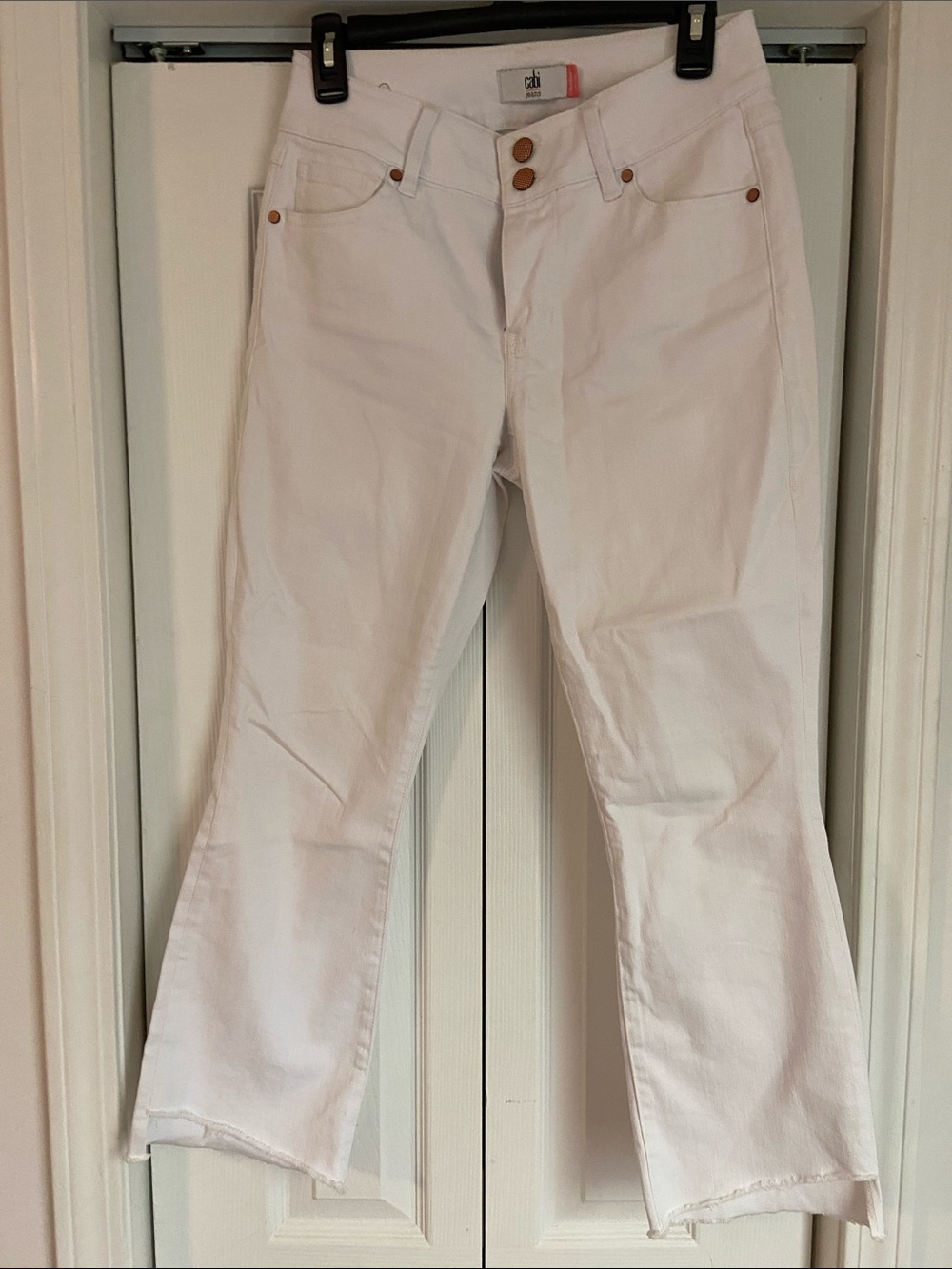 CAbi White Wide-Leg Jeans with Button-Front
